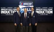 (L-R) Chad Knaus, Rick Hendrick, and Jimmie Johnson during the 2024 NASCAR Hall of Fame Induction. Source: Getty